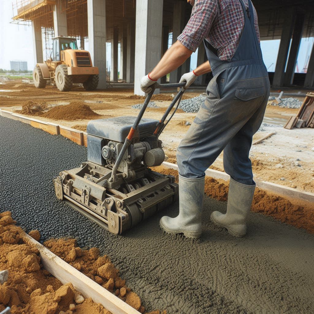 A construction worker using a compactor on soil before concrete pour