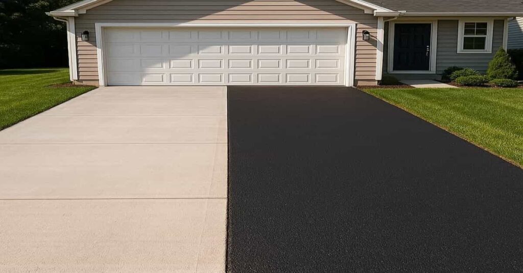 A split driveway showing light gray concrete on one side and black asphalt on the other in front of a suburban house