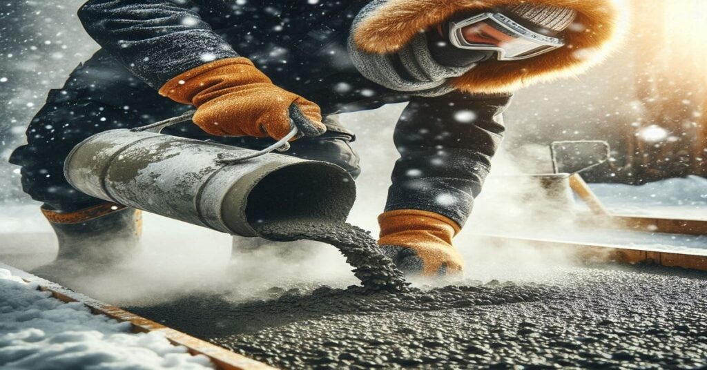 Construction worker in winter gear pouring fresh concrete