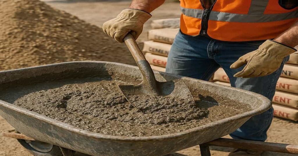 Construction worker mixing concrete in a wheelbarrow with a shovel