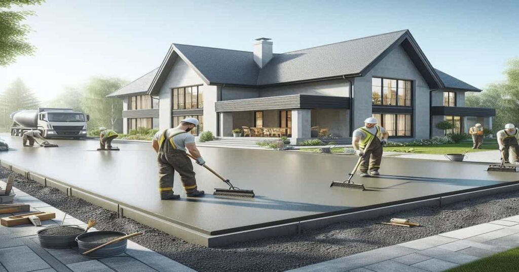 Freshly poured concrete driveway in front of a modern home, smooth finish, construction workers using tools in daylight
