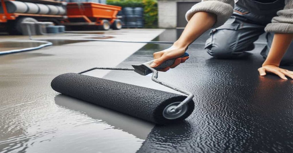 Worker applying concrete sealer to a driveway with a roller, showing sealed glossy surface and unsealed matte surface